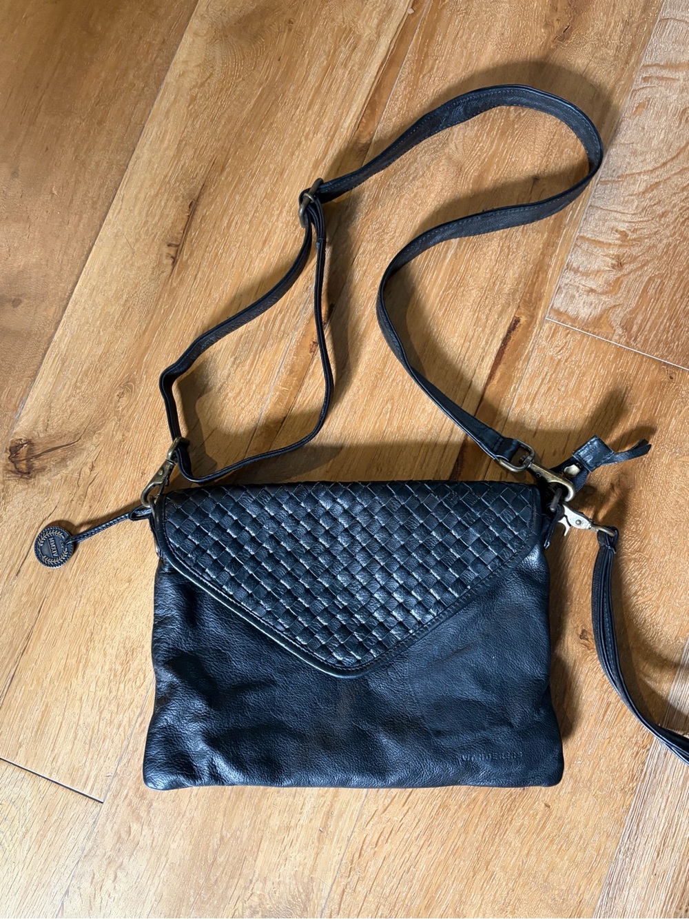 Black Woven Flap Leather Crossbody Bag